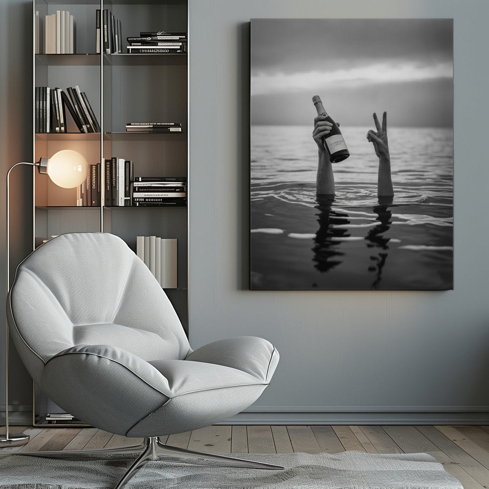 A black and white vertical photograph showing two arms sticking out of calm water. One hand holds a bottle of champagne, while the other makes a peace sign, all under a cloudy sky. Poster
