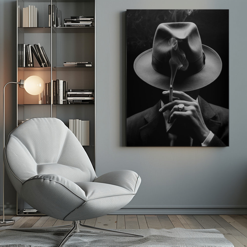 A dramatic black and white portrait of a person in a suit and fedora, their face obscured by the hat's shadow as they hold a lit cigarette with smoke curling upwards. Decor