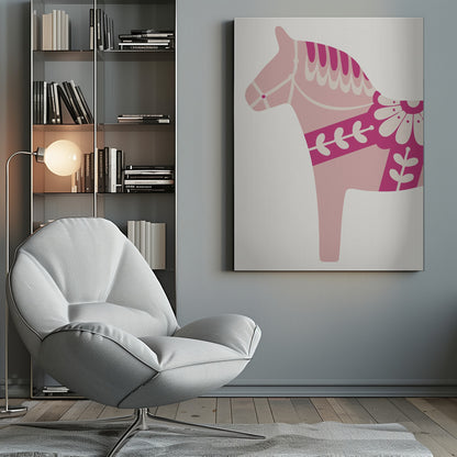 A framed art print featuring a stylized Scandinavian Dala horse in profile. The horse is various shades of pink and magenta with decorative off-white patterns on its mane, bridle, and saddle area, set against a light gray background. Decor