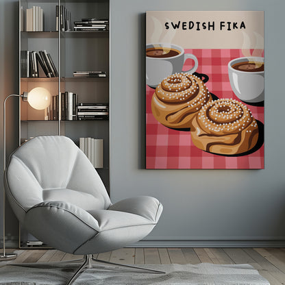 An illustration of a Swedish Fika poster featuring two large cinnamon buns topped with pearl sugar and two white cups of steaming hot coffee on a red and pink checkered tablecloth. The words 'SWEDISH FIKA' are written at the top. Artwork