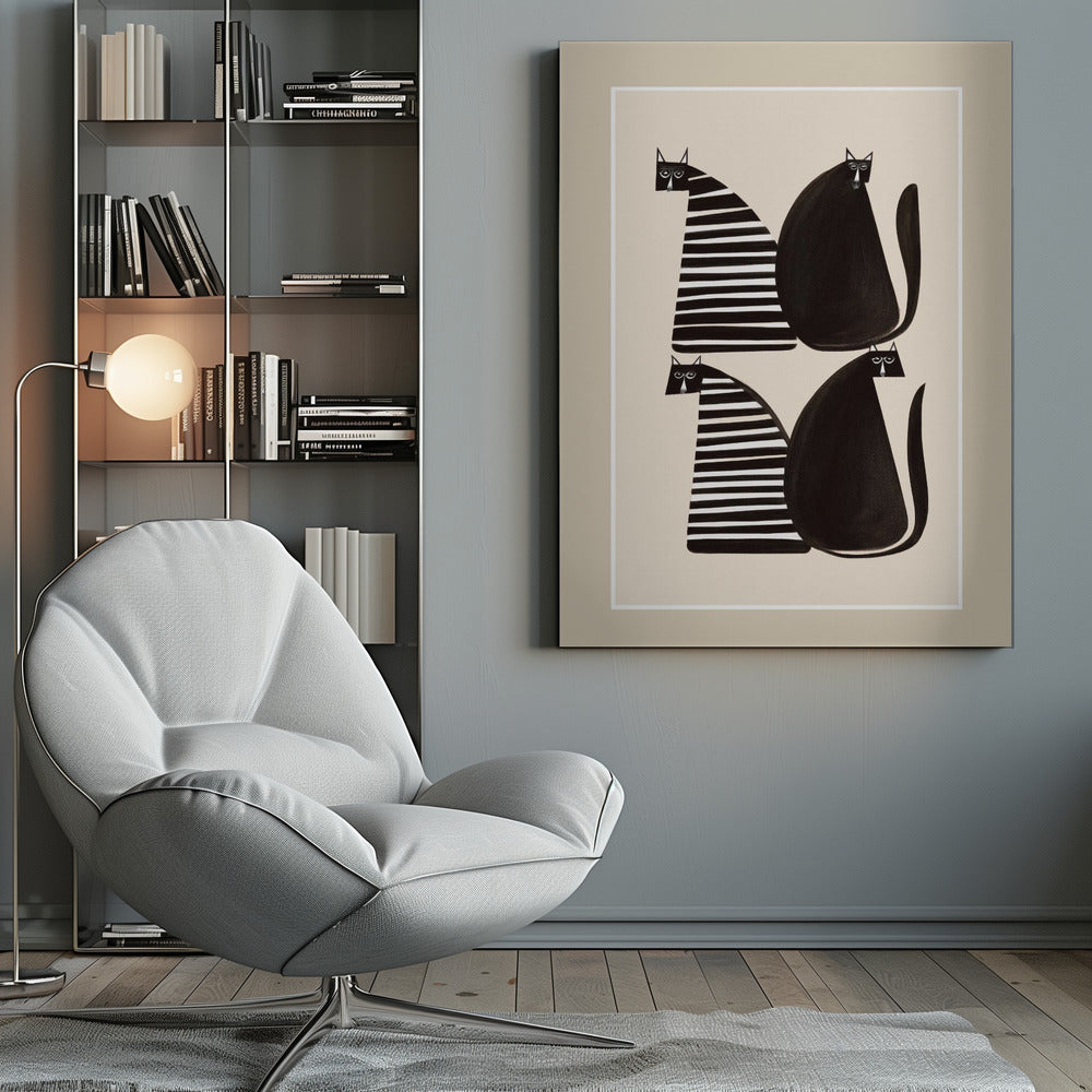 A modern graphic art print of four stylized cats against a light beige background, enclosed in a white and beige mat and a black frame. The cats are arranged in two pairs; each pair consists of one solid black, rounded cat and one cat with a triangular body featuring black and white horizontal stripes. Decor