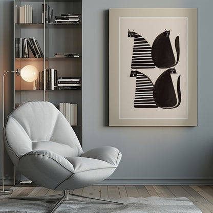 A modern graphic art print of four stylized cats against a light beige background, enclosed in a white and beige mat and a black frame. The cats are arranged in two pairs; each pair consists of one solid black, rounded cat and one cat with a triangular body featuring black and white horizontal stripes. Decor