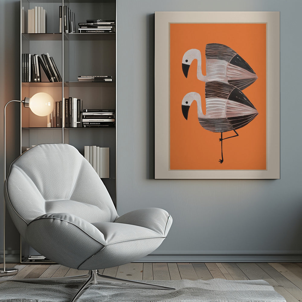 A framed art print of two stylized flamingos against a solid orange background. The birds are stacked vertically, with white heads, black beaks, and bodies featuring black, white, and grey stripes. The lower bird is standing on one leg. Wall Art