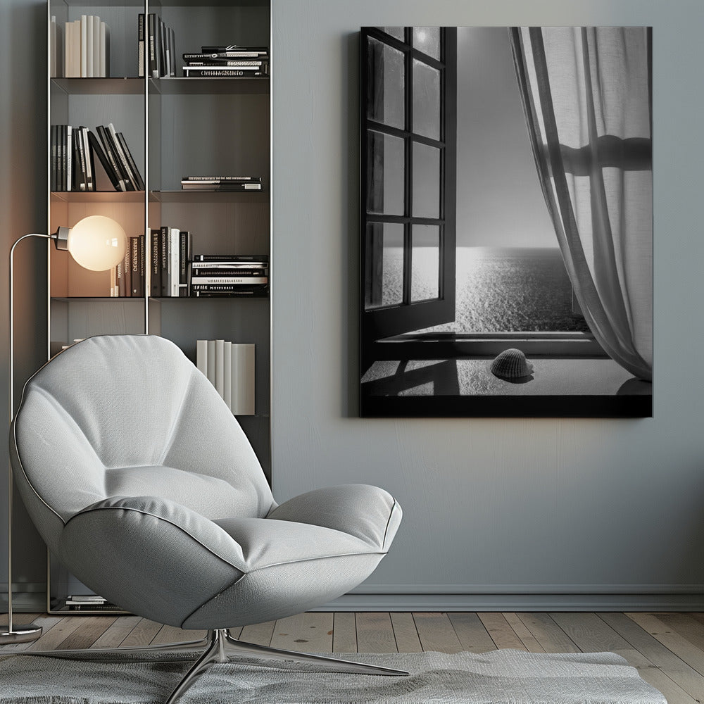 A serene black and white photograph looking out an open paned window at a sunlit ocean. A single seashell rests on the windowsill in the foreground, with shadows cast by the window frame. A light curtain hangs to the right, framing the tranquil sea view. Poster