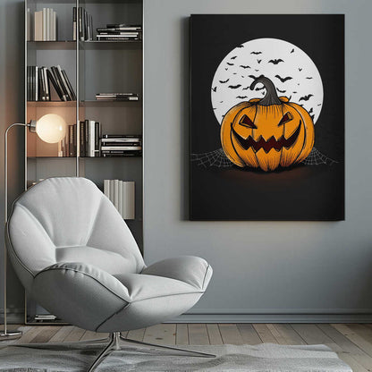 An illustration of a grinning orange jack-o'-lantern sitting in front of a large white full moon. A swarm of black bat silhouettes flies across the moon and the dark night sky. A spiderweb is visible on the ground next to the pumpkin. Poster