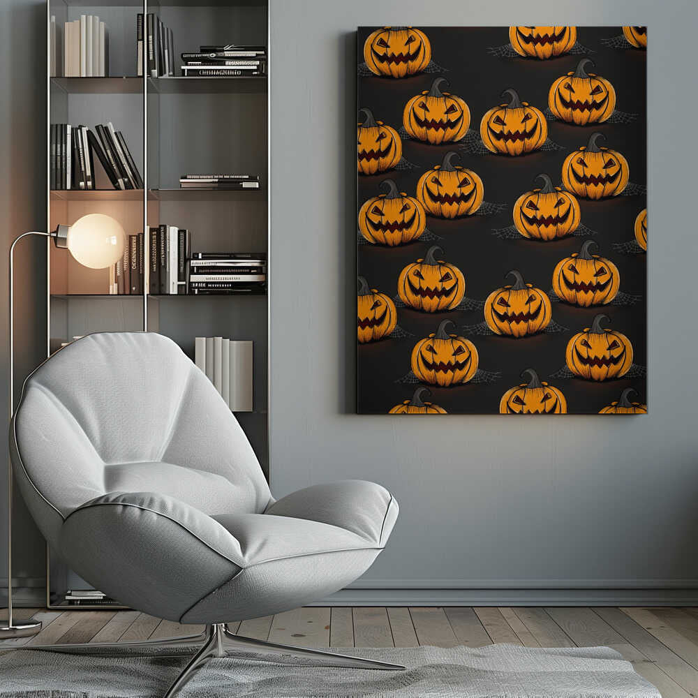 A framed poster featuring a repeating pattern of cartoonish, grinning jack-o'-lanterns on a solid black background. Each orange pumpkin has a sinister smile, triangular eyes, and a dark, curved stem. Faint spiderwebs are visible behind some of the pumpkins, adding to the spooky Halloween theme. Poster
