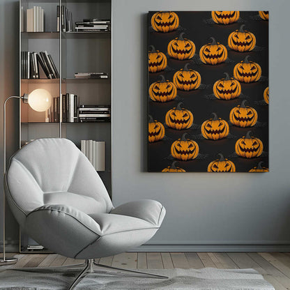 A framed poster featuring a repeating pattern of cartoonish, grinning jack-o'-lanterns on a solid black background. Each orange pumpkin has a sinister smile, triangular eyes, and a dark, curved stem. Faint spiderwebs are visible behind some of the pumpkins, adding to the spooky Halloween theme. Poster