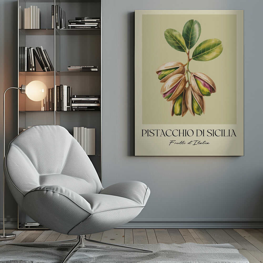 A vintage-style botanical poster illustrating a branch of Sicilian pistachios against a muted green background. The text below reads 'Pistacchio di Sicilia' and 'Frutti d'Italia'. The artwork is enclosed in a cream border and a simple black frame. Poster