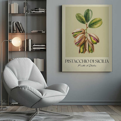 A vintage-style botanical poster illustrating a branch of Sicilian pistachios against a muted green background. The text below reads 'Pistacchio di Sicilia' and 'Frutti d'Italia'. The artwork is enclosed in a cream border and a simple black frame. Poster