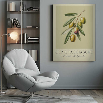 A vintage-style botanical art print of an olive branch with green Taggiasche olives against a muted green background. The text 'OLIVE TAGGIASCHE' and 'Frantoio Artigianale' is at the bottom. The print is matted and in a black frame. Print