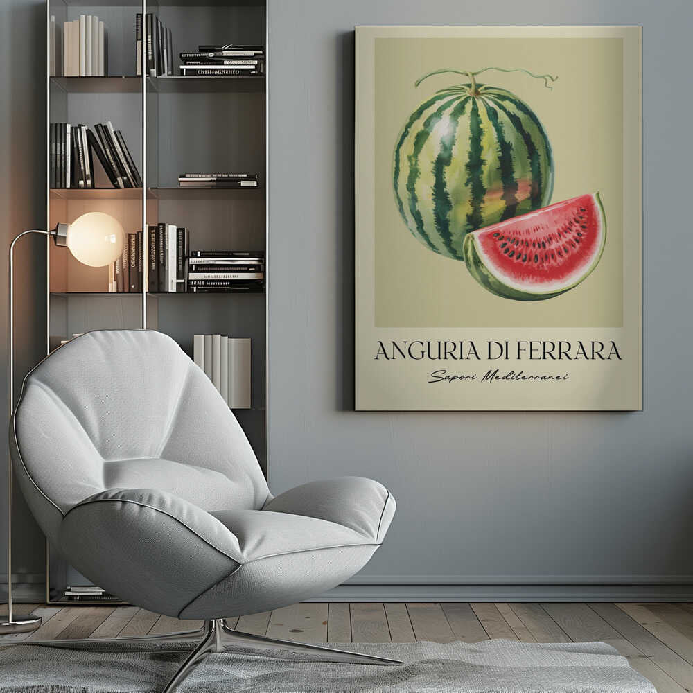 A vintage-style food poster in a black frame, featuring a detailed illustration of a whole striped watermelon and a cut slice showing its red flesh and black seeds. The background is a pale cream-green. Below the fruit, the text reads 'ANGURIA DI FERRARA' and 'Sapori Mediterranei'. Print