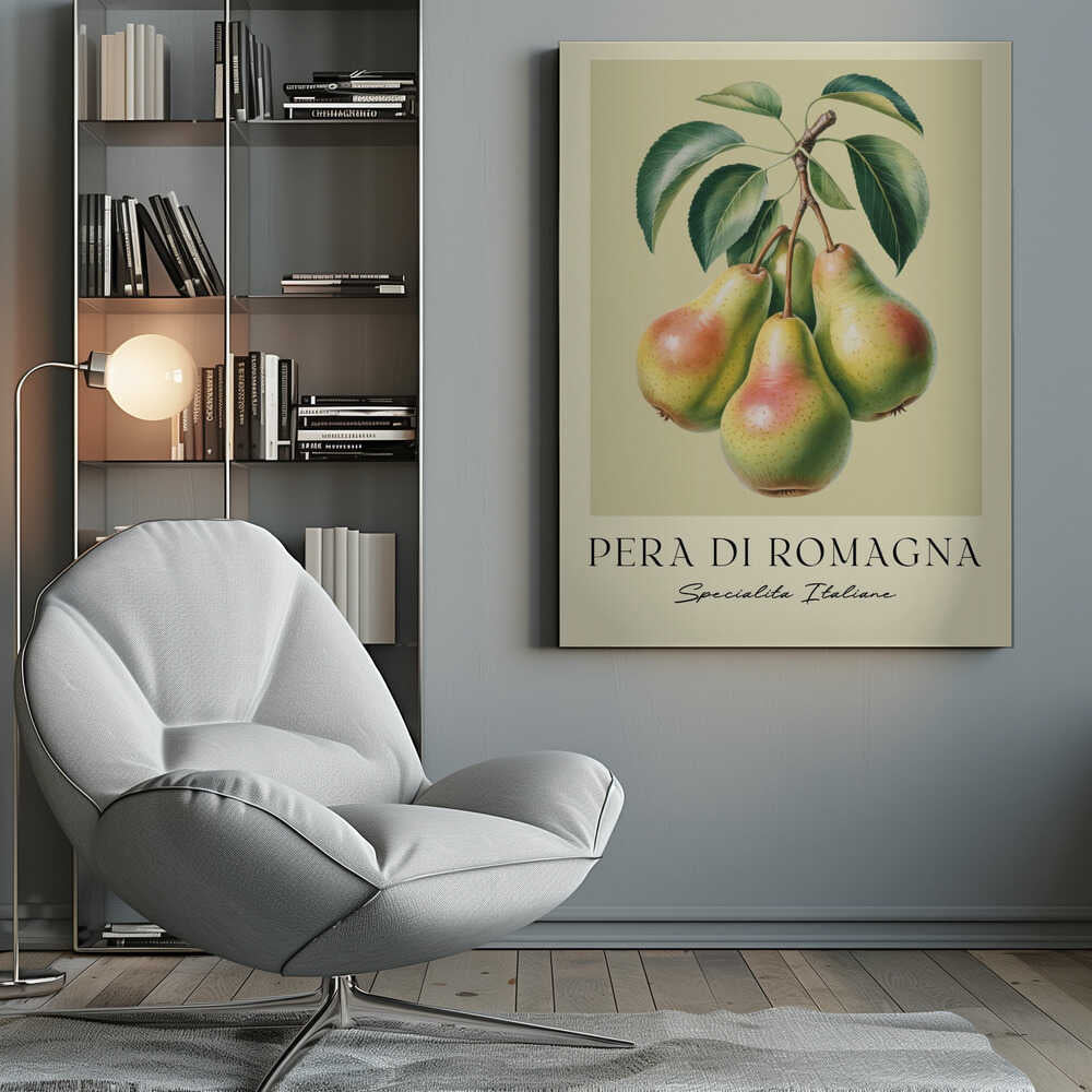 A vintage botanical art print of four 'Pera di Romagna' pears hanging from a leafy branch against a pale greenish-yellow background. Below the fruit, the text reads 'PERA DI ROMAGNA' and 'Specialita Italiane'. The print is displayed in a black frame. Decor
