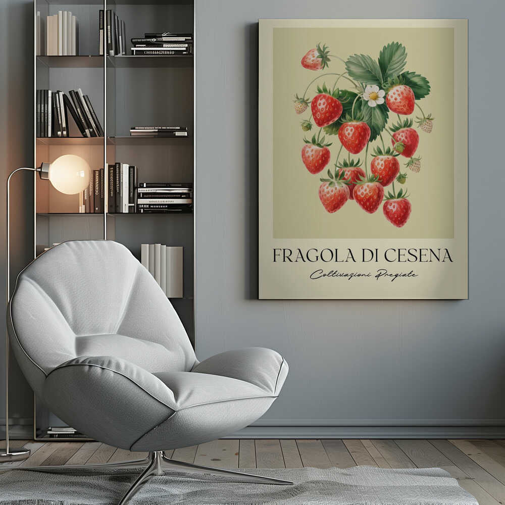 A vintage-style botanical poster featuring a detailed illustration of a strawberry plant with bright red berries, green leaves, and a small white flower. The background is a soft, pale yellow. Below the illustration, the text reads 'FRAGOLA DI CESENA' and 'Coltivazioni Pregiate' in Italian. The entire print is framed in black. Print