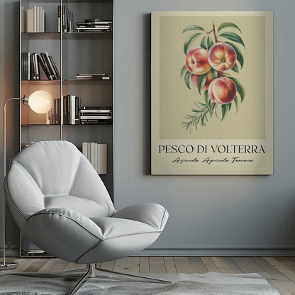 A vintage-style botanical poster of a peach branch with several ripe, red and yellow peaches and green leaves, set against a muted beige background. The poster has Italian text at the bottom that reads 'PESCO DI VOLTERRA' and 'Azienda Agricola Toscana' and is shown in a black frame. Decor