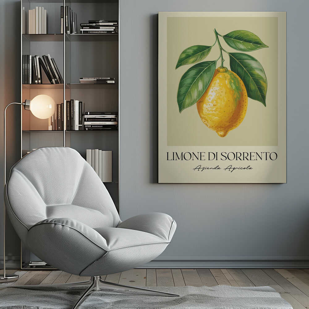 A vintage-style art print featuring a detailed illustration of a large yellow Sorrento lemon hanging from a branch with several green leaves. The background is a solid cream color. Below the image, the text 'LIMONE DI SORRENTO' is printed in a black serif font, with 'Azienda Agricola' underneath in a script font. The entire print is framed in a simple black frame. Poster