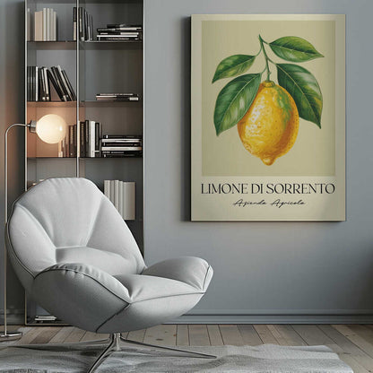 A vintage-style art print featuring a detailed illustration of a large yellow Sorrento lemon hanging from a branch with several green leaves. The background is a solid cream color. Below the image, the text 'LIMONE DI SORRENTO' is printed in a black serif font, with 'Azienda Agricola' underneath in a script font. The entire print is framed in a simple black frame. Poster