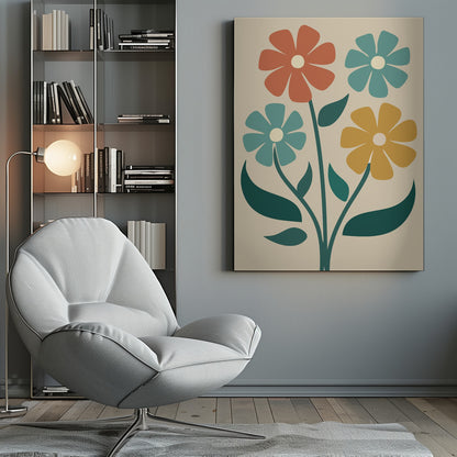 A retro-style illustration of four colorful flowers with bold, simple petals in shades of orange, teal, and yellow, on green stems against a cream background. Artwork