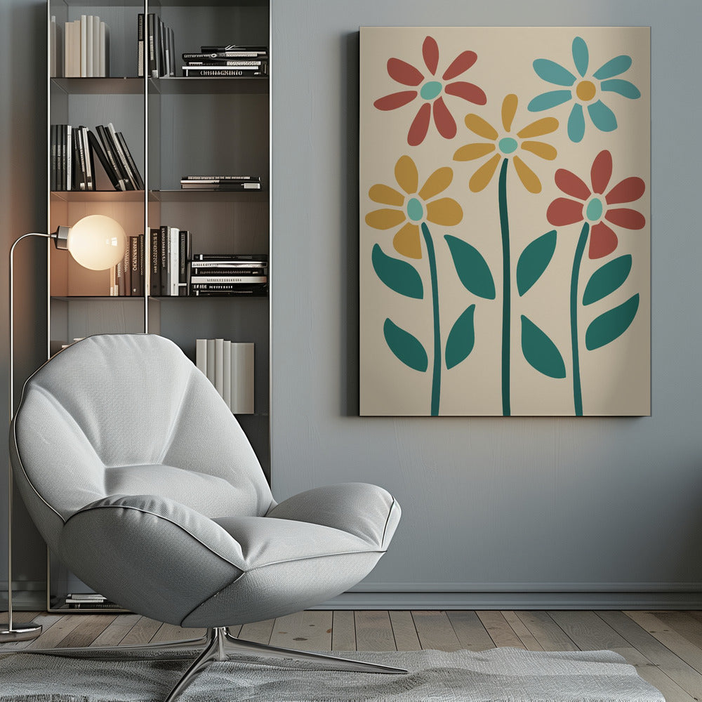 A retro-style art print of five colorful, stylized flowers against a cream-colored background, inside a thin black frame. The flowers, resembling daisies, are colored red, yellow, and light blue with thick, dark teal stems and leaves. Poster