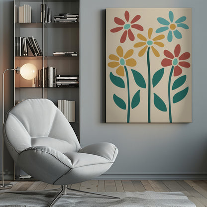 A retro-style art print of five colorful, stylized flowers against a cream-colored background, inside a thin black frame. The flowers, resembling daisies, are colored red, yellow, and light blue with thick, dark teal stems and leaves. Poster