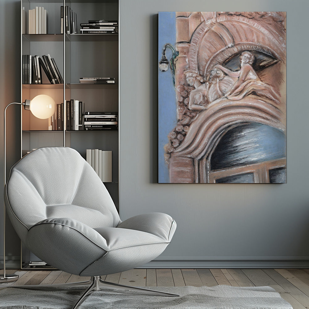 A pastel drawing of an ornate architectural detail on a building facade, featuring elaborate carvings above an arched window. The carvings depict classical female figures in flowing drapery, rendered in warm pink and brown tones against a light blue sky. A vintage-style street lamp is visible to the left. Wall Art