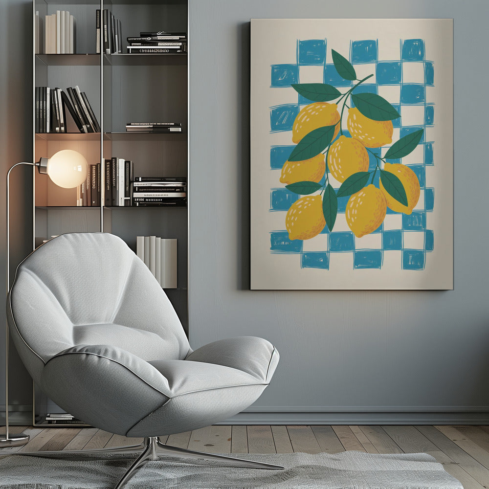 A vibrant illustration of a lemon branch laden with yellow lemons and green leaves, set against a loosely drawn blue and cream checkered background, enclosed in a thin black frame. Artwork