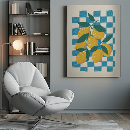 A vibrant illustration of a lemon branch laden with yellow lemons and green leaves, set against a loosely drawn blue and cream checkered background, enclosed in a thin black frame. Artwork
