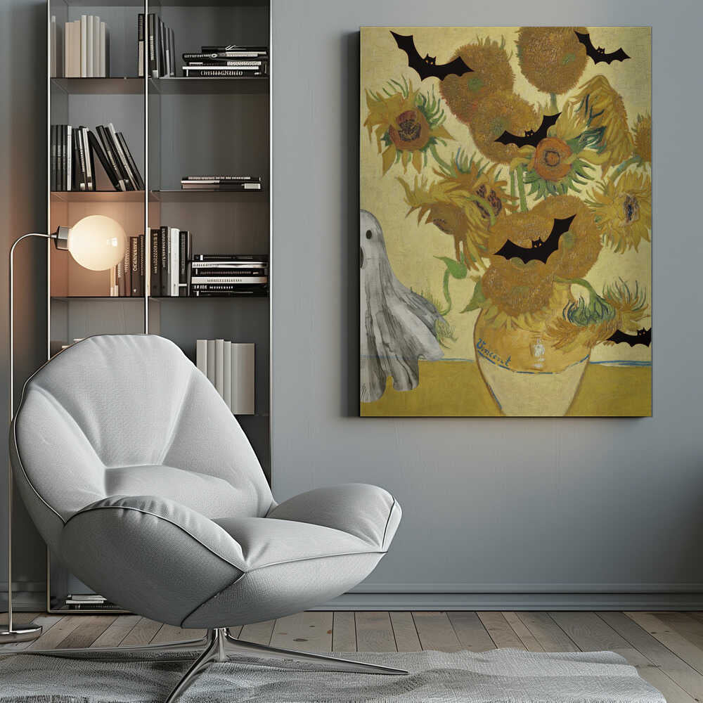 A humorous Halloween-themed parody of Vincent van Gogh's 'Sunflowers' painting. The famous artwork of yellow sunflowers in a vase is decorated with black bat silhouettes and a white sheet ghost peeking into the frame from the left. Artwork