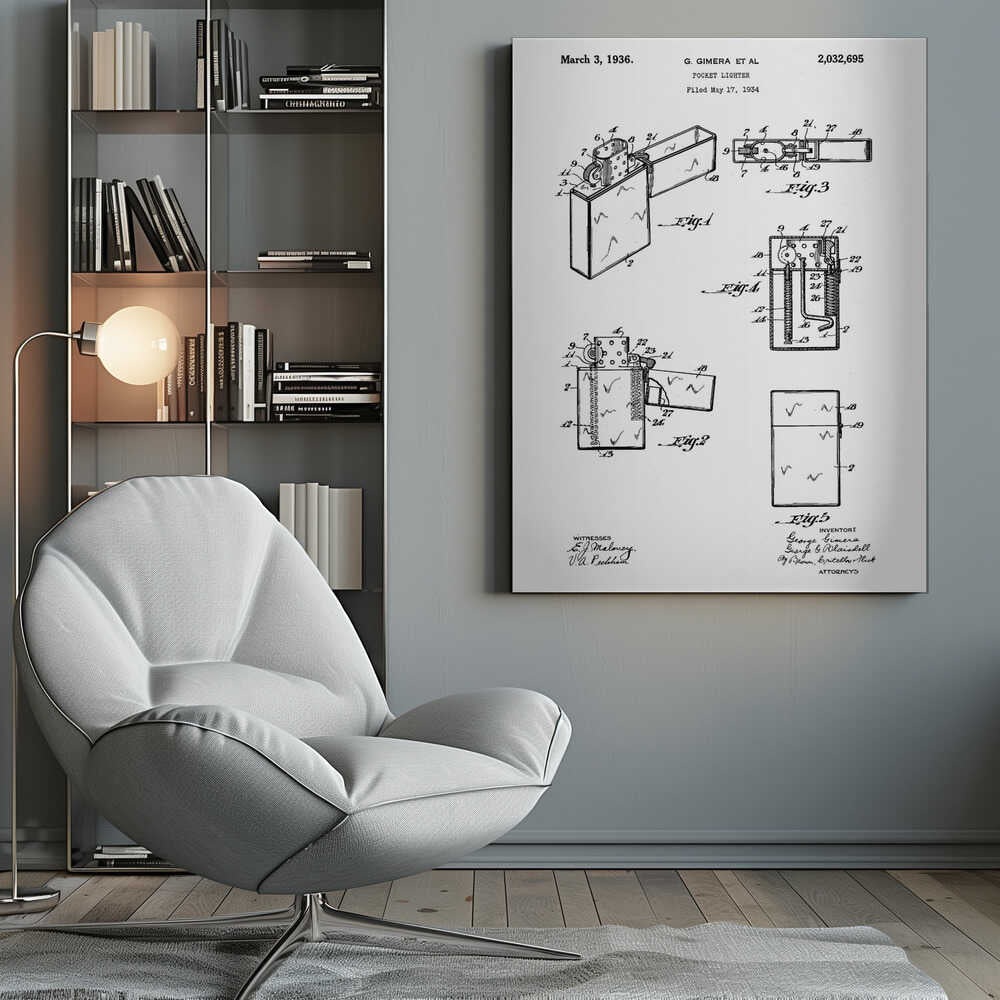 A framed black and white patent illustration for a pocket lighter, invented by G. Gimera et al. The document is dated March 3, 1936, and shows multiple detailed diagrams and cross-sections of the lighter's design and mechanics. Print