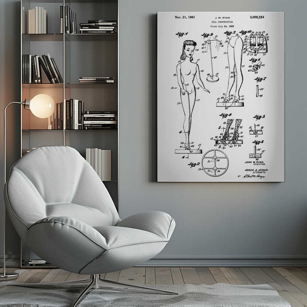 A framed black and white patent illustration for the original Barbie doll, dated November 21, 1961. The diagram, titled 'Doll Construction' by J. W. Ryan, shows various figures including a full view of the doll, cross-sections of its joints, and detailed drawings of its stand and shoes. Print