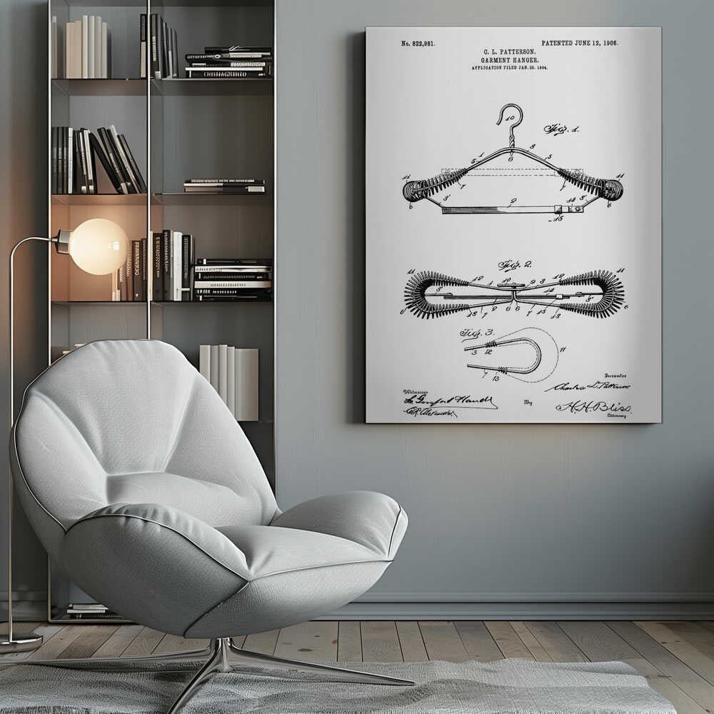 A framed black and white patent illustration for a garment hanger by C. L. Patterson, patented June 12, 1906. The drawing displays three figures detailing the hanger's mechanical design, with cursive signatures at the bottom. Wall Art
