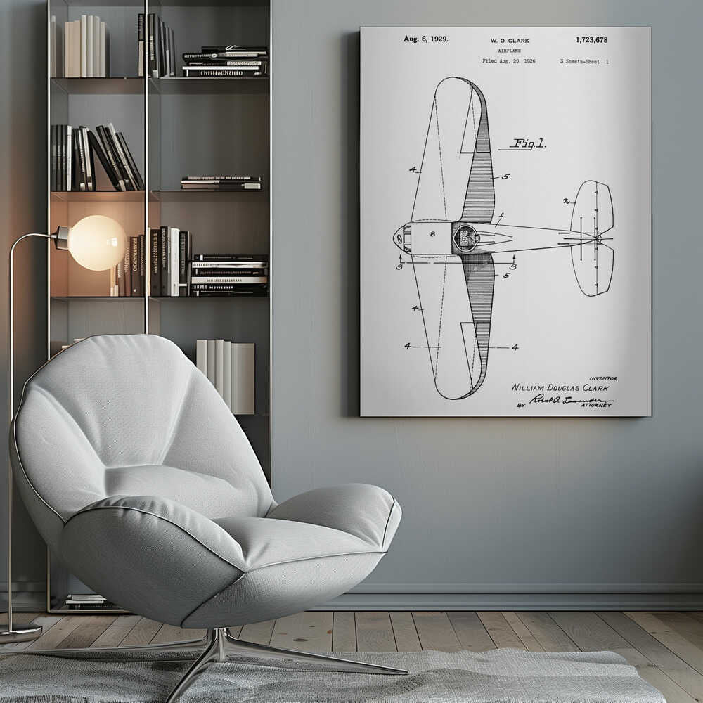 A framed black and white patent illustration for an airplane, dated August 6, 1929. The image shows a top-down schematic view of the aircraft, labeled as 'Fig. 1', with various parts numbered. Text at the top identifies the inventor W. D. Clark and the patent number. At the bottom, the inventor's full name and attorney's signature are visible. Print