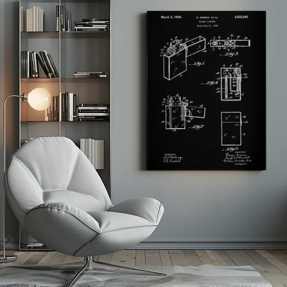 A framed black and white patent illustration for a pocket lighter, dated March 3, 1936. The technical blueprint shows various figures and cross-sections of the lighter's design and mechanics against a black background. Artwork