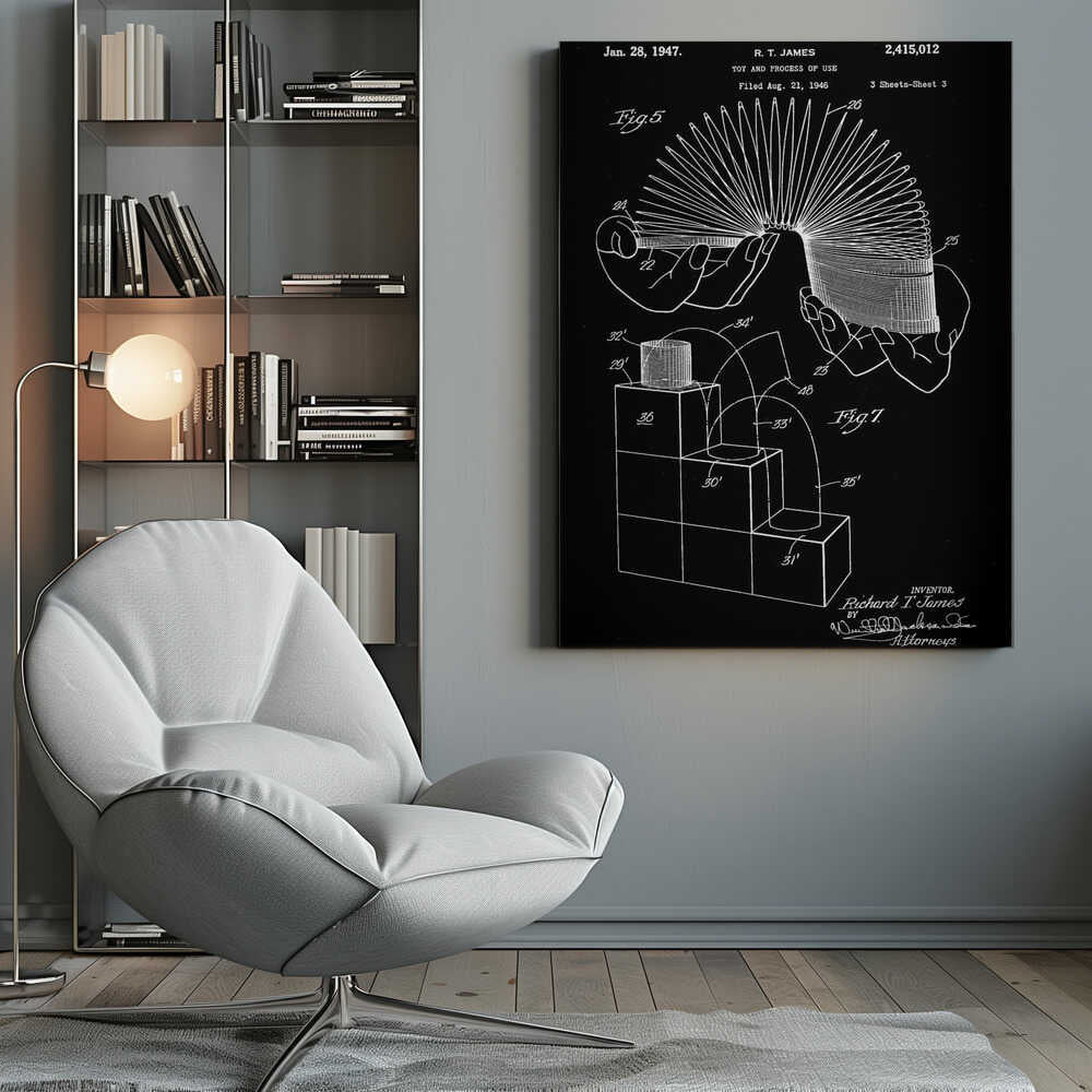 A framed black and white patent illustration for the Slinky toy, invented by R. T. James, dated January 28, 1947. The technical drawing shows hands holding the stretched coil and a diagram of the toy walking down stairs. Decor