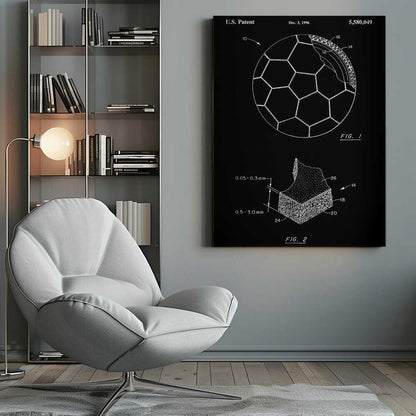 A framed black and white U.S. patent illustration for a soccer ball from December 3, 1996. The image displays two figures: FIG. 1 shows a soccer ball with a cutaway section revealing its inner layers, and FIG. 2 is a magnified cross-section of the ball's material with measurements. Artwork