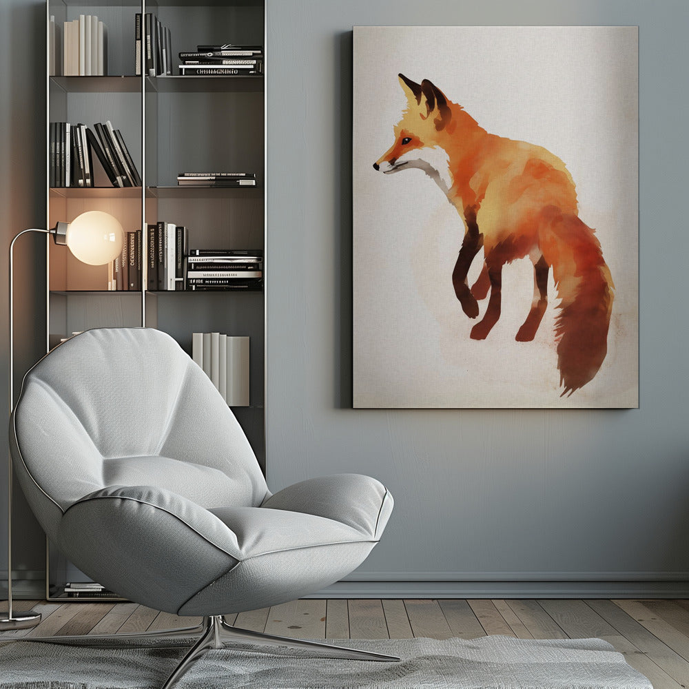 A framed watercolor painting of a red fox. The fox is shown in profile, walking to the left, with its body rendered in blended shades of orange, yellow, and dark brown. It stands against a textured, off-white background. Poster