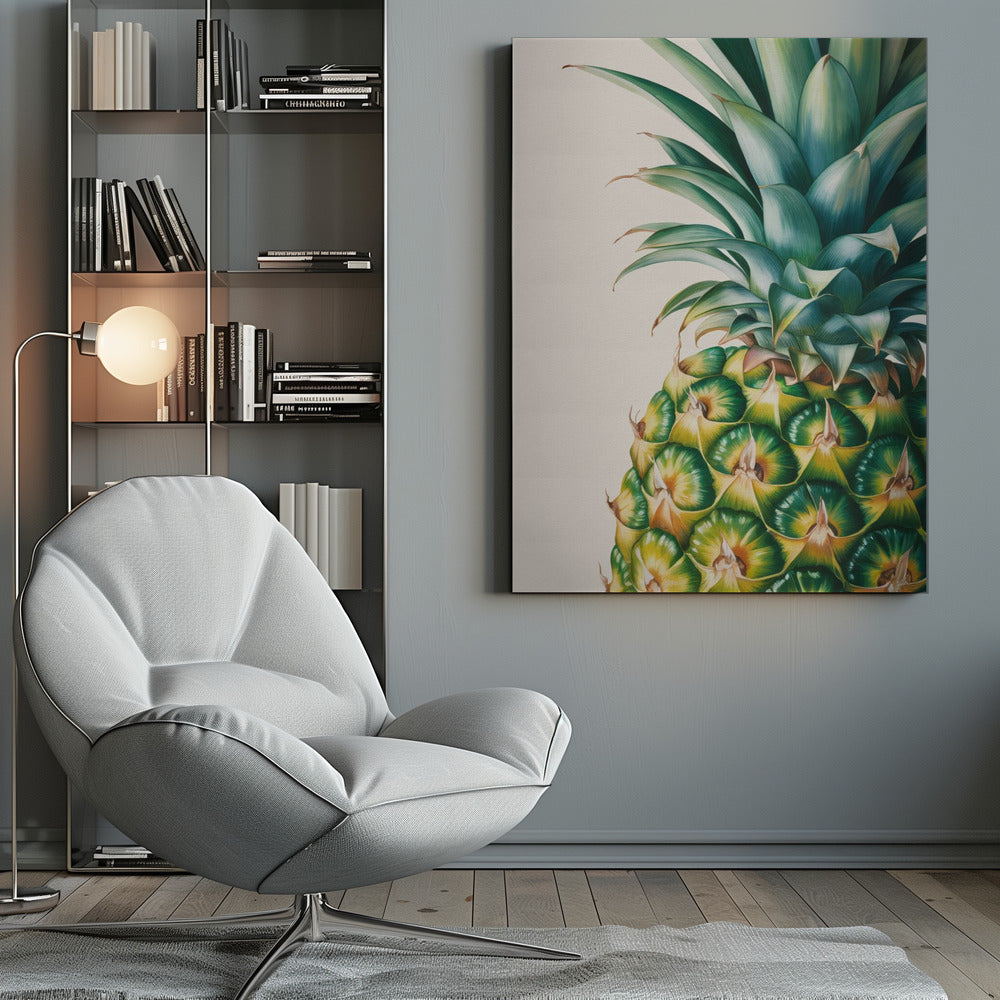 A detailed, realistic painting of the top half of a pineapple against a light cream background, framed in black. The focus is on the vibrant green crown and the geometric pattern of the fruit's skin in shades of green and yellow. Decor