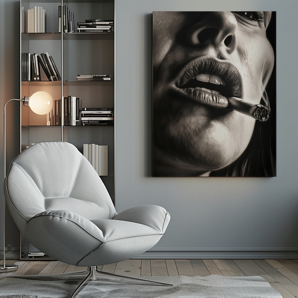 A hyper-realistic, black and white close-up portrait of a woman smoking a cigar. The low-angle shot focuses on her full, textured lips holding the lit cigar, with smoke gently rising. The high-contrast lighting accentuates the details of her skin and mouth. Print