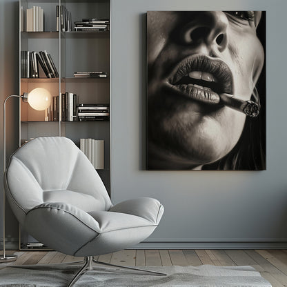 A hyper-realistic, black and white close-up portrait of a woman smoking a cigar. The low-angle shot focuses on her full, textured lips holding the lit cigar, with smoke gently rising. The high-contrast lighting accentuates the details of her skin and mouth. Print