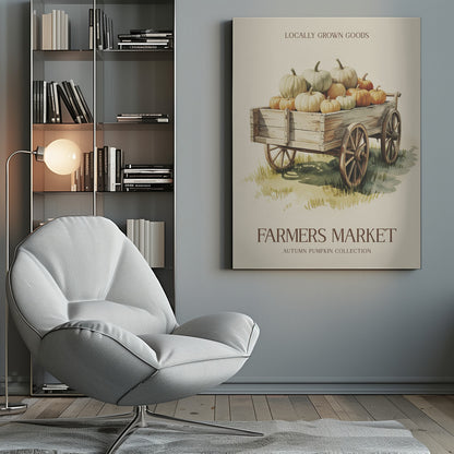 A vintage-style watercolor poster of a rustic wooden wagon filled with an assortment of orange, white, and pale green pumpkins. The poster has text that reads 'Locally Grown Goods' at the top and 'Farmers Market, Autumn Pumpkin Collection' at the bottom, all within a thin black frame. Artwork