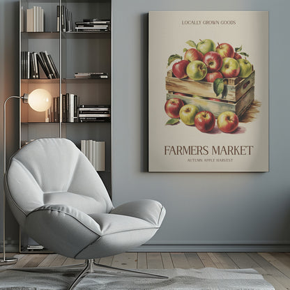 A vintage-style art print advertising a farmers market. It features an illustration of red and green apples in wooden crates against a cream background. The text reads 'Locally Grown Goods' and 'Farmers Market, Autumn Apple Harvest'. Print