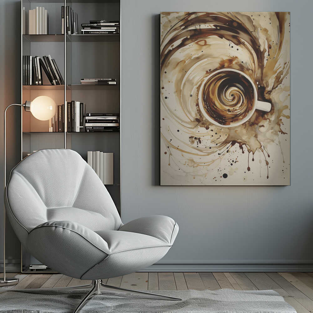 An abstract watercolor painting of a cup of coffee viewed from above. The coffee inside the white mug swirls in a mesmerizing spiral of brown and cream tones. This swirling motion explodes outwards from the cup, creating dynamic splashes and splatters of coffee-colored paint across the light beige background. The artwork is enclosed in a simple black frame. Print
