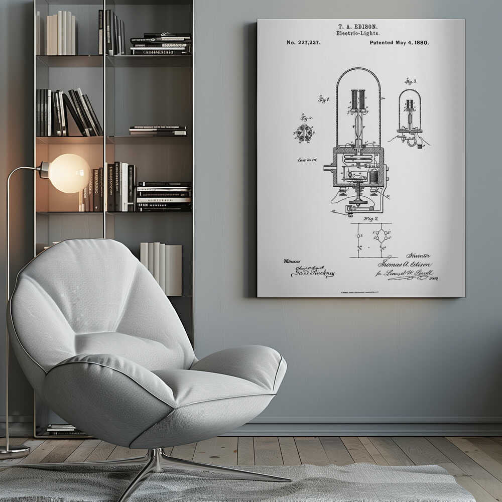 A framed black and white print of T. A. Edison's patent for electric lights, dated May 4, 1880. The document, patent number 227,227, displays detailed technical diagrams of the light bulb and its circuitry, complete with labels, signatures, and formal text. Wall Art