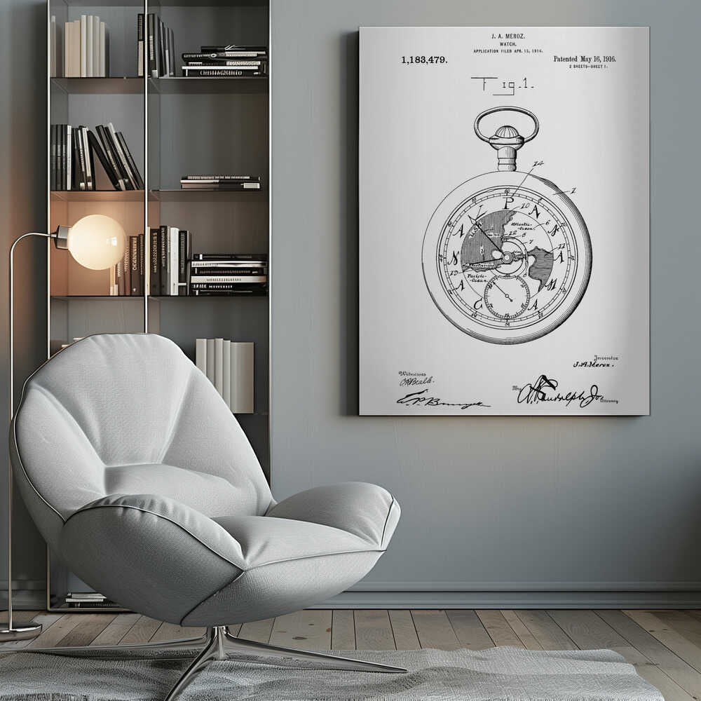A framed black and white patent illustration for a watch by J.A. Meroz, dated 1916. The detailed drawing shows a pocket watch with a world map on its face, complete with technical labels, patent information, and signatures. Wall Art