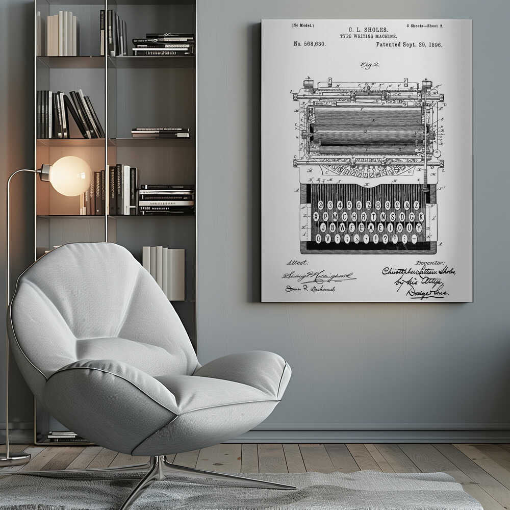 A framed black and white patent illustration of a C. L. Sholes typewriter, patented September 29, 1896. The detailed schematic shows the front view of the machine, including its complex inner workings and an unconventional keyboard layout, with signatures below. Print