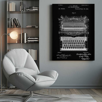 A vintage patent illustration of C. L. Sholes's Type Writing Machine, dated 1896. The detailed schematic is rendered in white lines on a black background, showing the intricate inner workings and keyboard of an early typewriter, framed in black. Print