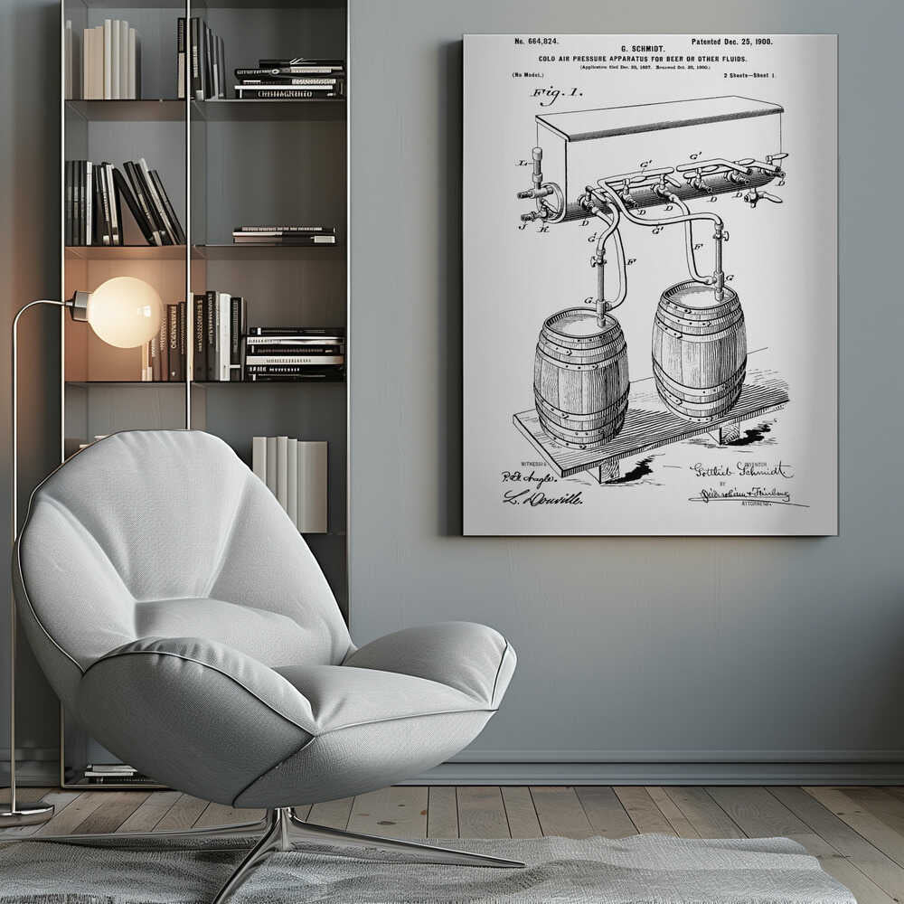 A framed black and white patent illustration for G. Schmidt's 'Cold Air Pressure Apparatus for Beer or Other Fluids,' patented December 25, 1900. The diagram shows two wooden barrels connected by a complex system of pipes and taps. Wall Art