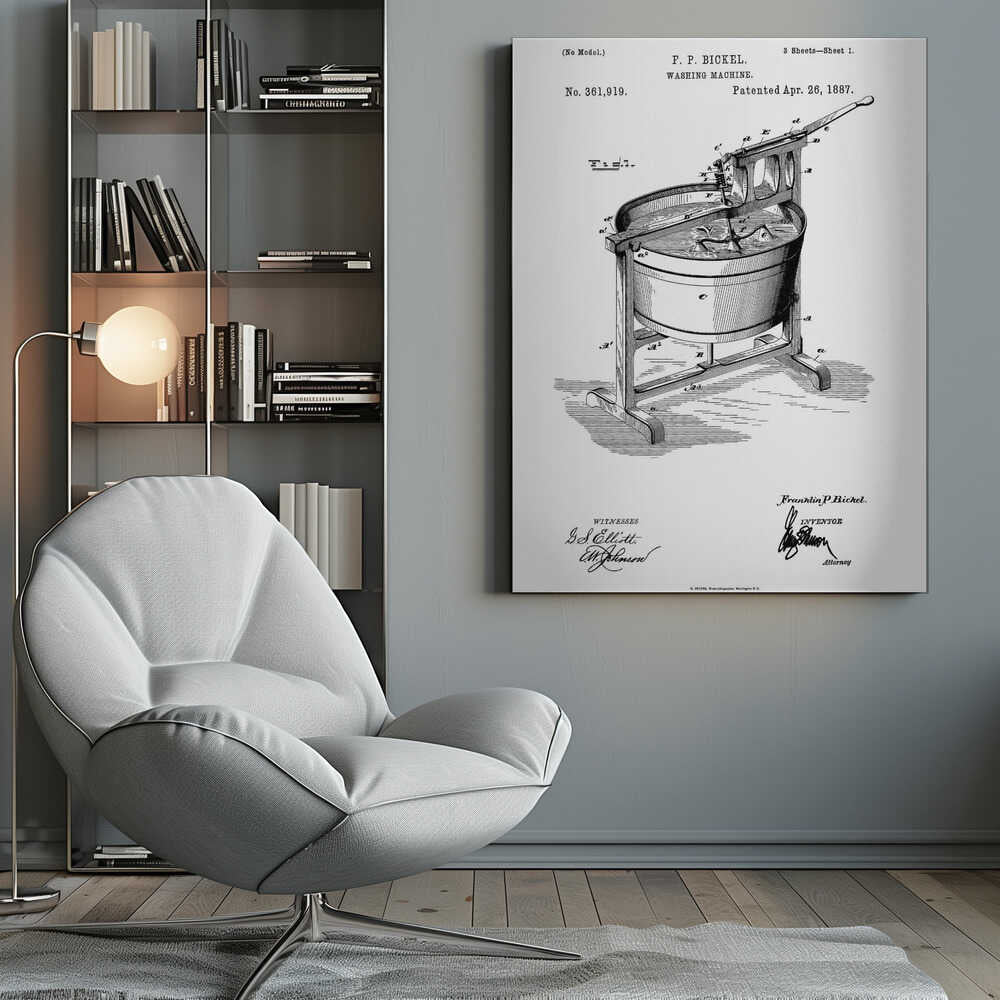 A framed black and white patent illustration for F. P. Bickel's washing machine, patented April 26, 1887. The detailed technical drawing shows an early manual washing machine with a tub on a stand and a hand-cranked agitator. Decor