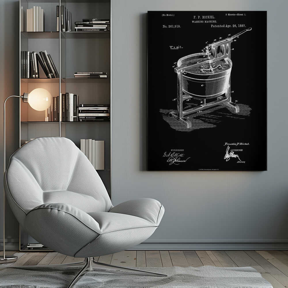 A framed, black and white patent illustration for a washing machine, invented by F. P. Bickel and patented on April 26, 1887. The technical drawing shows a tub on a stand with a hand-cranked agitator mechanism, rendered in white lines on a black background. Print
