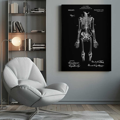 A framed, vintage-style patent illustration of a human anatomical skeleton, presented as a white drawing on a black background. The detailed skeleton is shown from the front, with text indicating the patent number, date, and inventor, C.E. Fleck. Signatures are visible at the bottom. Print