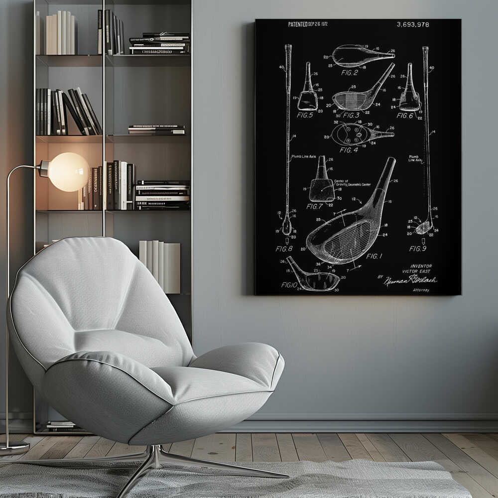 A framed black and white patent illustration of a golf club, dated 1972. The poster displays multiple technical drawings of the club head and shaft from various angles, labeled with figure numbers and part identifiers against a black background. Artwork